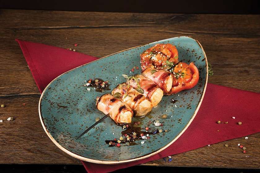 Salmon hash in bacon