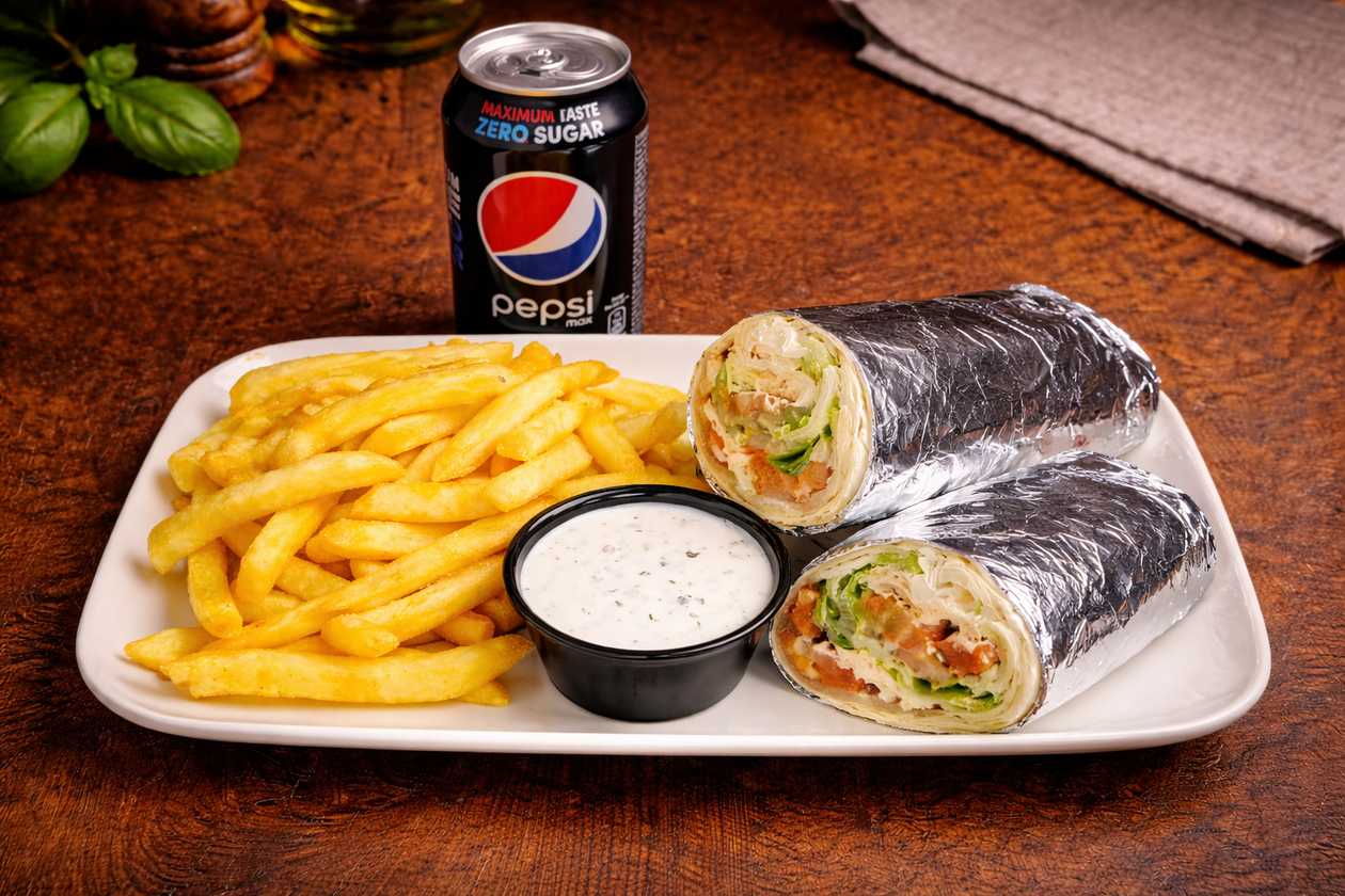 Kebabas +bulvytės + gėrimas