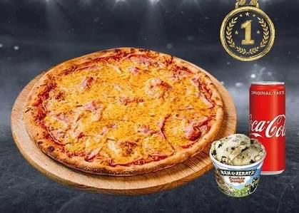 Pizza Double Cheese and Ham + cola + Ben & Jerry’s