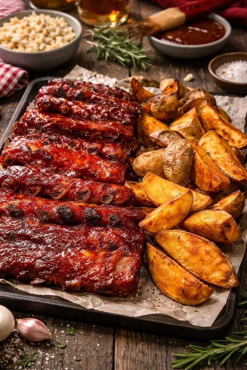 Coaste de Porc Cu Sos BBQ si Cartofi in coaja rumeniti la cuptor