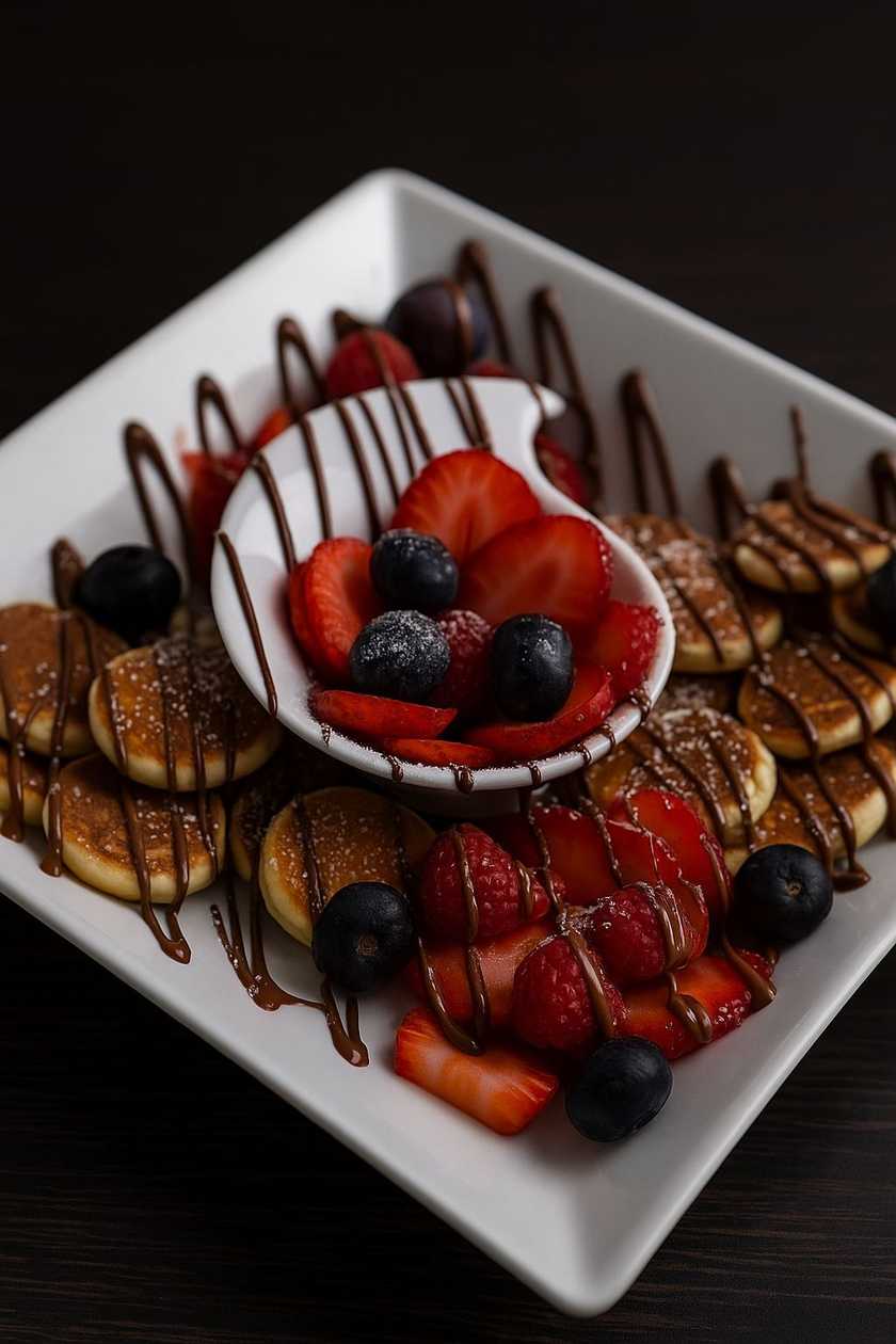 Crepe, Waffle ou Panquecas com Frutos Silvestres com Cobertura de Chocolate à Escolha