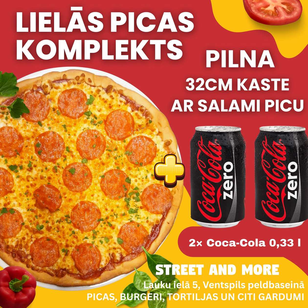 Lielā pica ar salami un divām Coca Cola 0.33ml