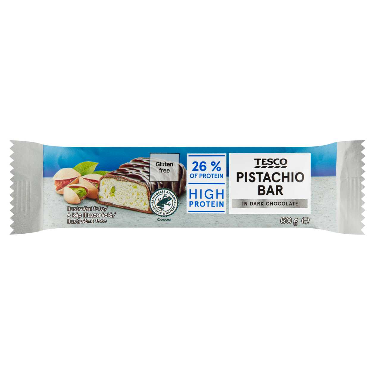 Tesco Proteinová tyčinka s pistáciemi máčená v hořké čokoládě 60g