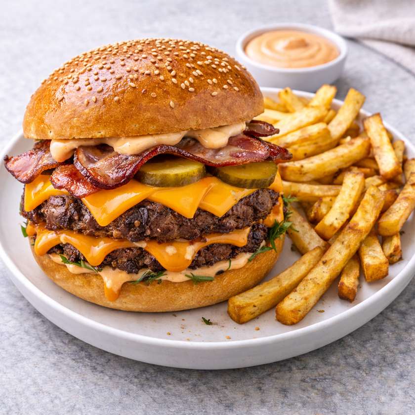 Syrový Burger s hranolkami