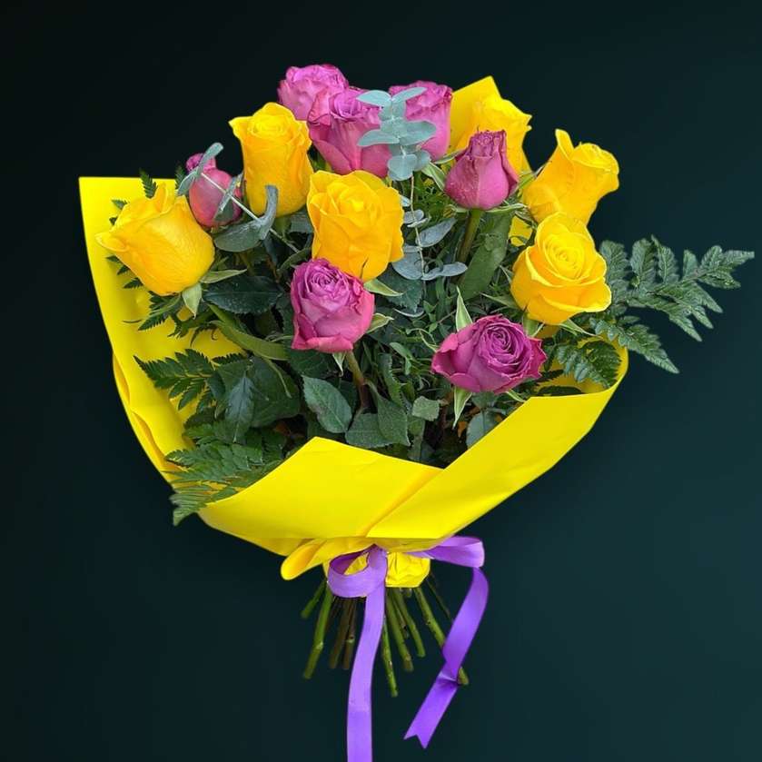 13 Yellow and Purple Roses Bouquet