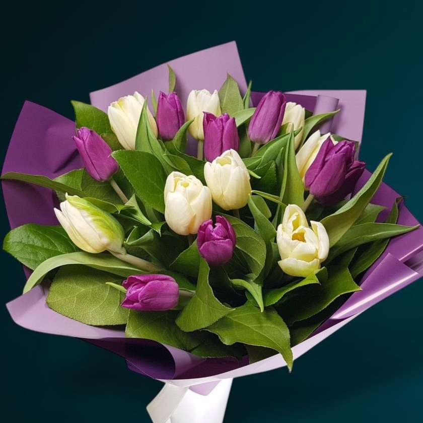 15 White, Purple Tulips and Salal Bouquet