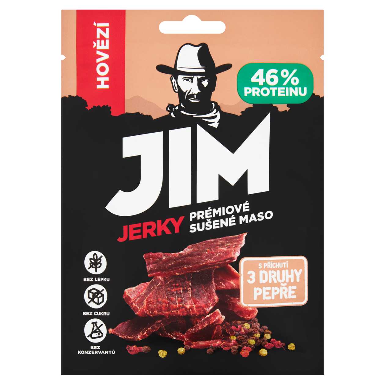 Jim Jerky Prémiové sušené maso hovězí s příchutí 3 druhy pepře 23g