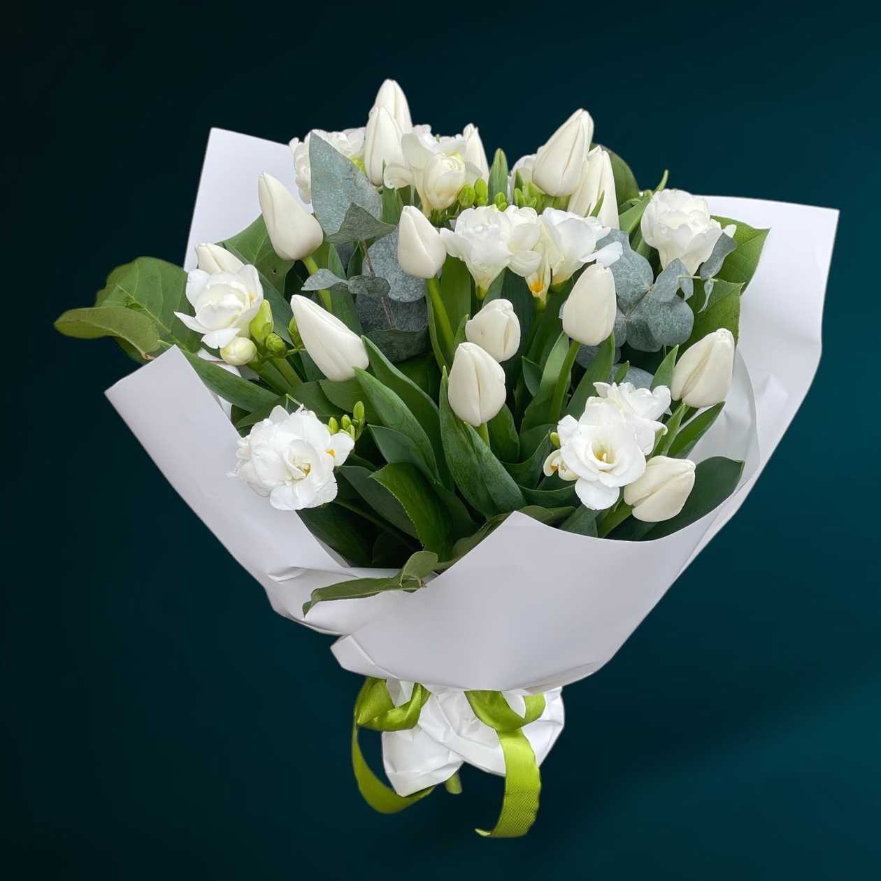 29 Freesias and White Tulips Bouquet