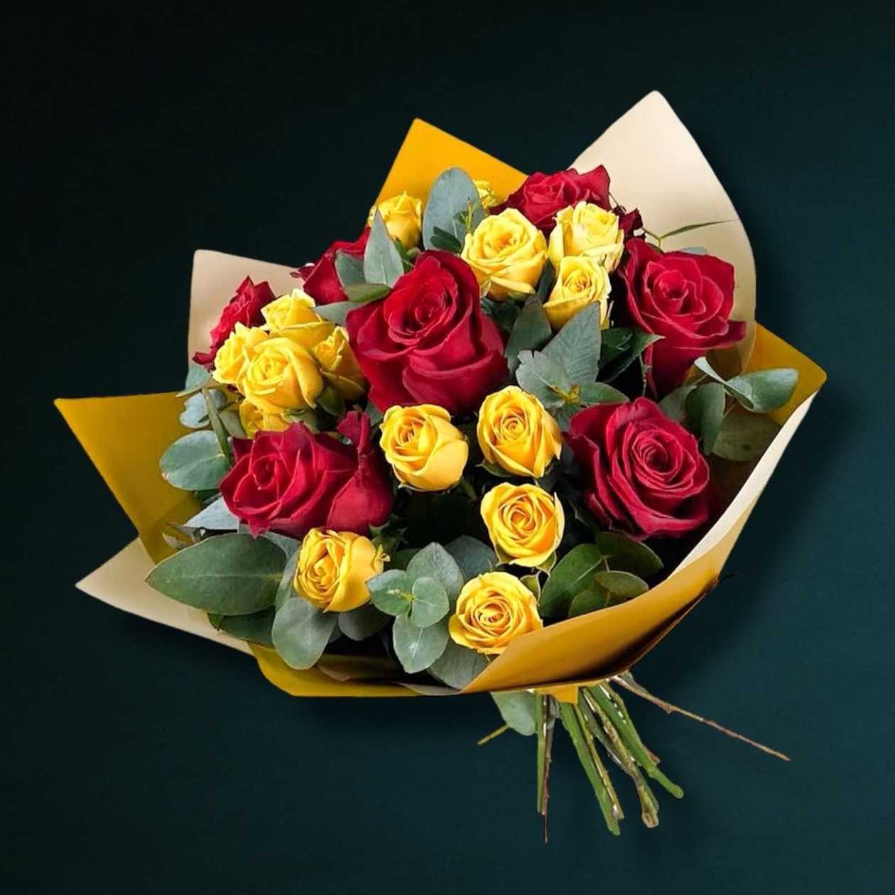 Red Roses and Yellow Miniroses Bouquet