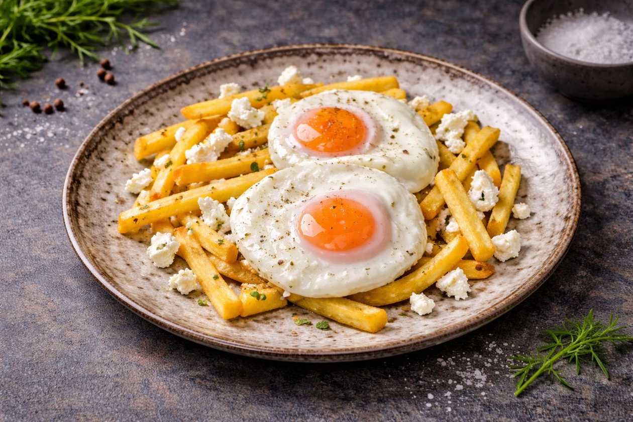 Fried Potatoes with Fried Eggs and Feta Cheese
