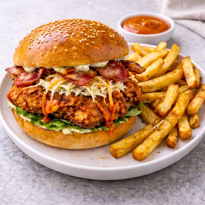 Kurací Burger s hranolkami
