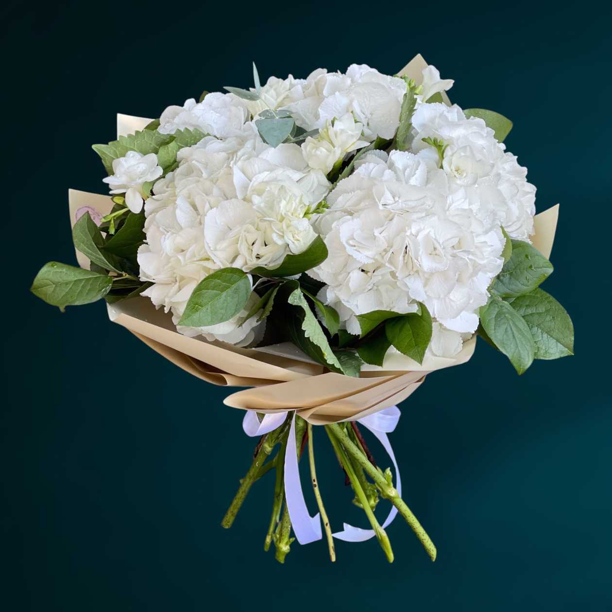 Hydrangeas and White Freesias Bouquet