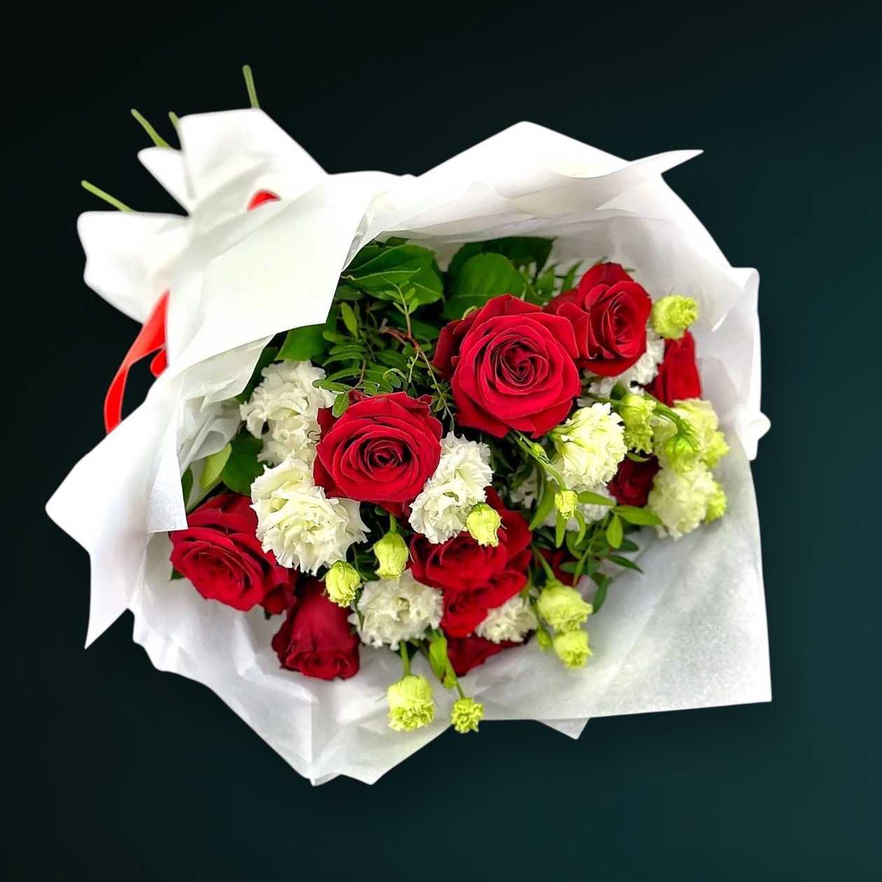 Red Roses and White Lisianthus Bouquet