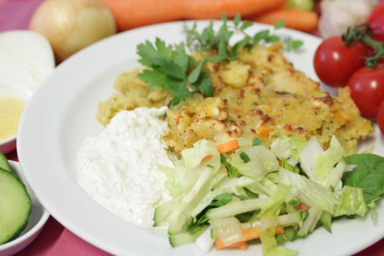 Baked Polenta with Vegetables and Cheese, Tzatziki, allergen 7