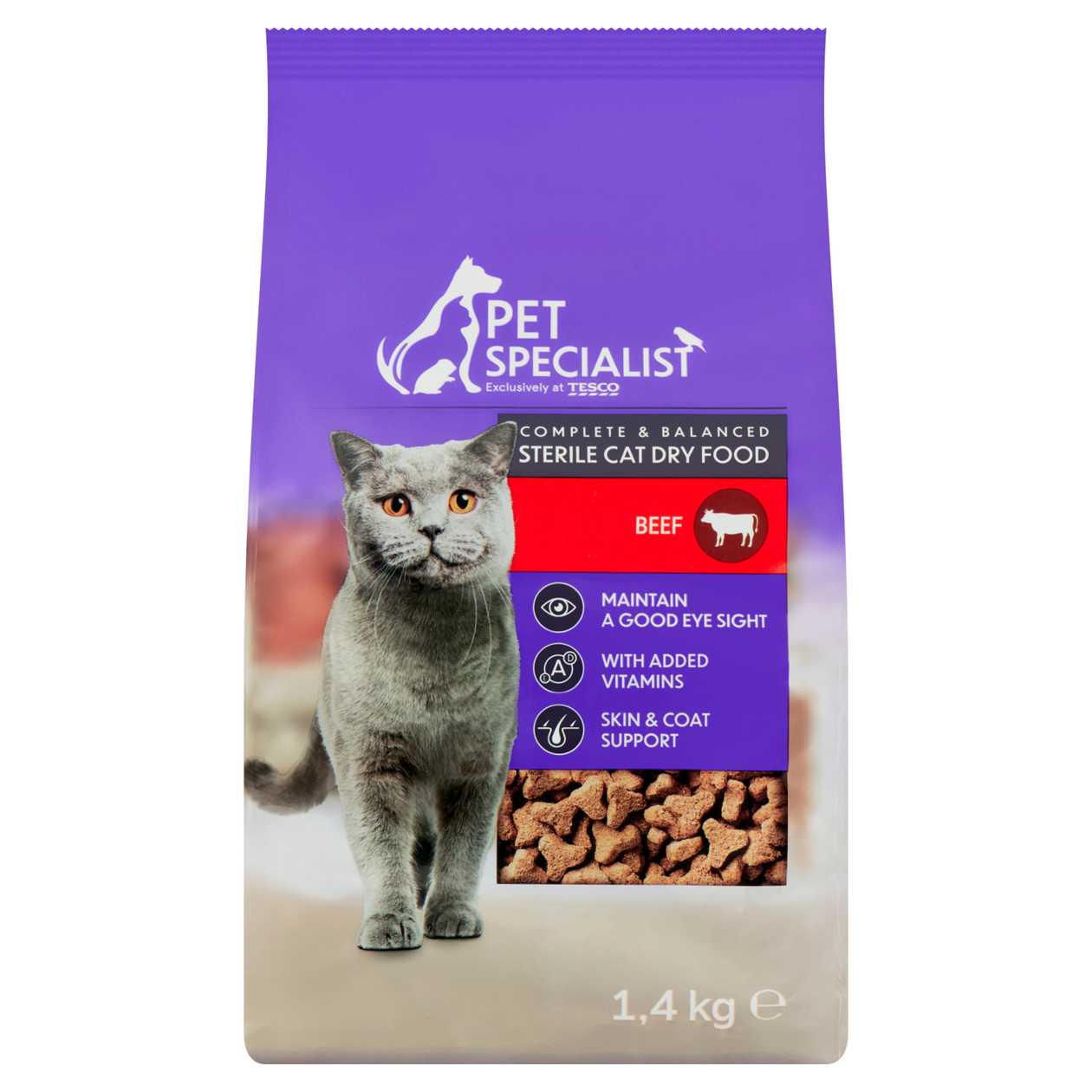 PET SPECIALIST Sterilized Beef Flavored Dry Cat Food, 1.4 kg