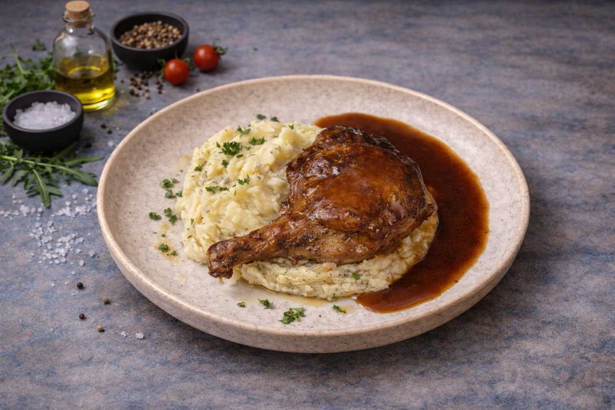 Duck Leg Confit with Truffle Mashed Potatoes and Demiglace Sauce