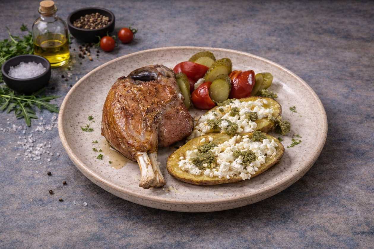Pork Knuckle with Baked Potatoes, Feta Cheese and Basil Pesto