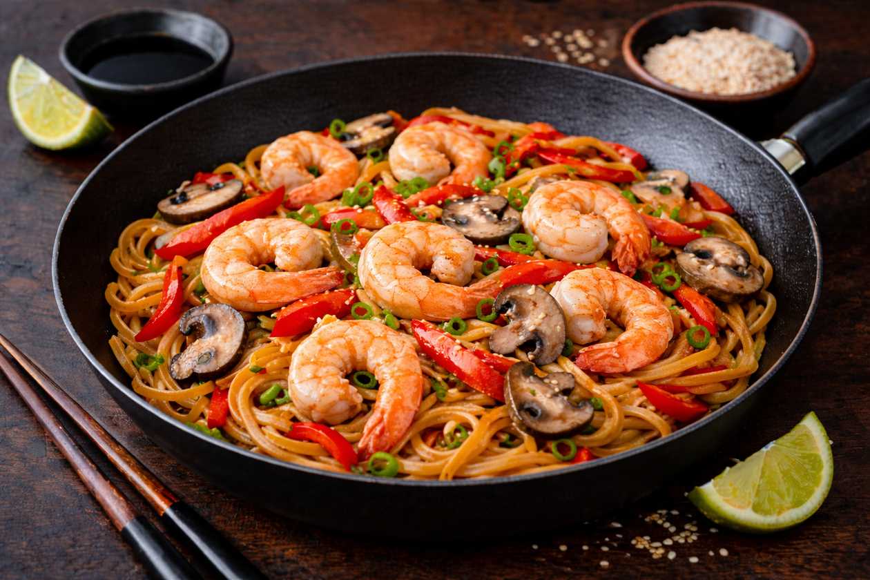 Wok with shrimps