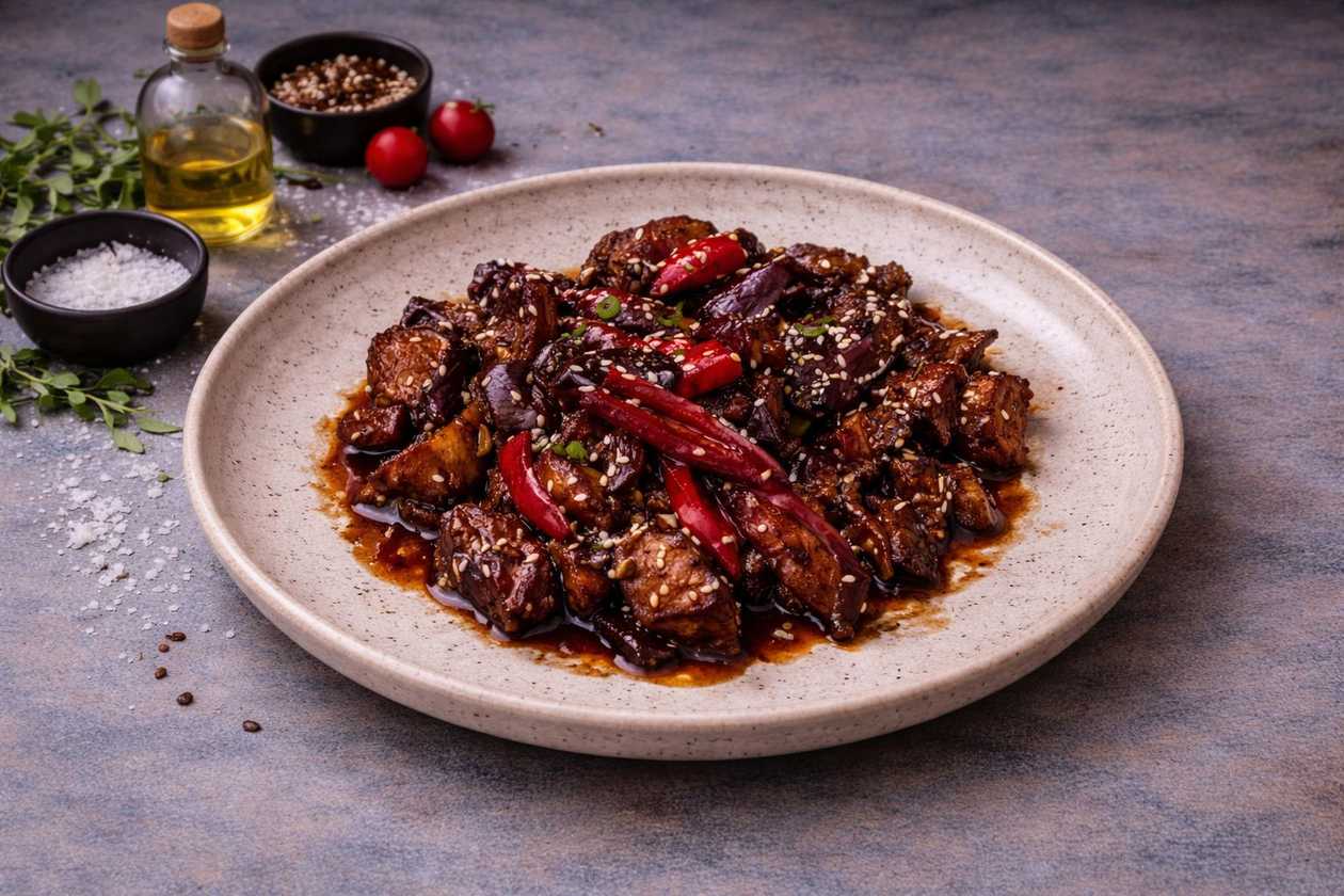 Pork with vegetables in a pan