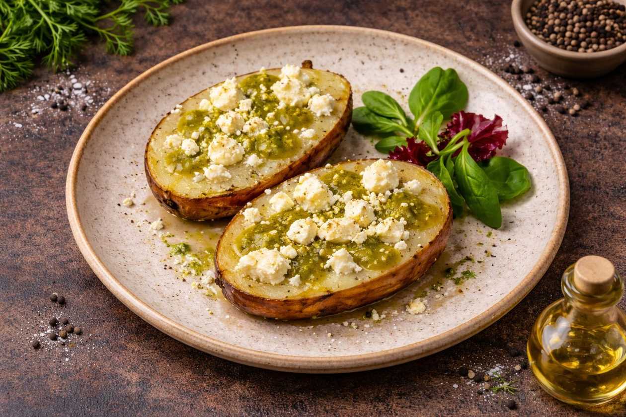 Baked Potatoes with Feta Cheese and Pesto Sauce