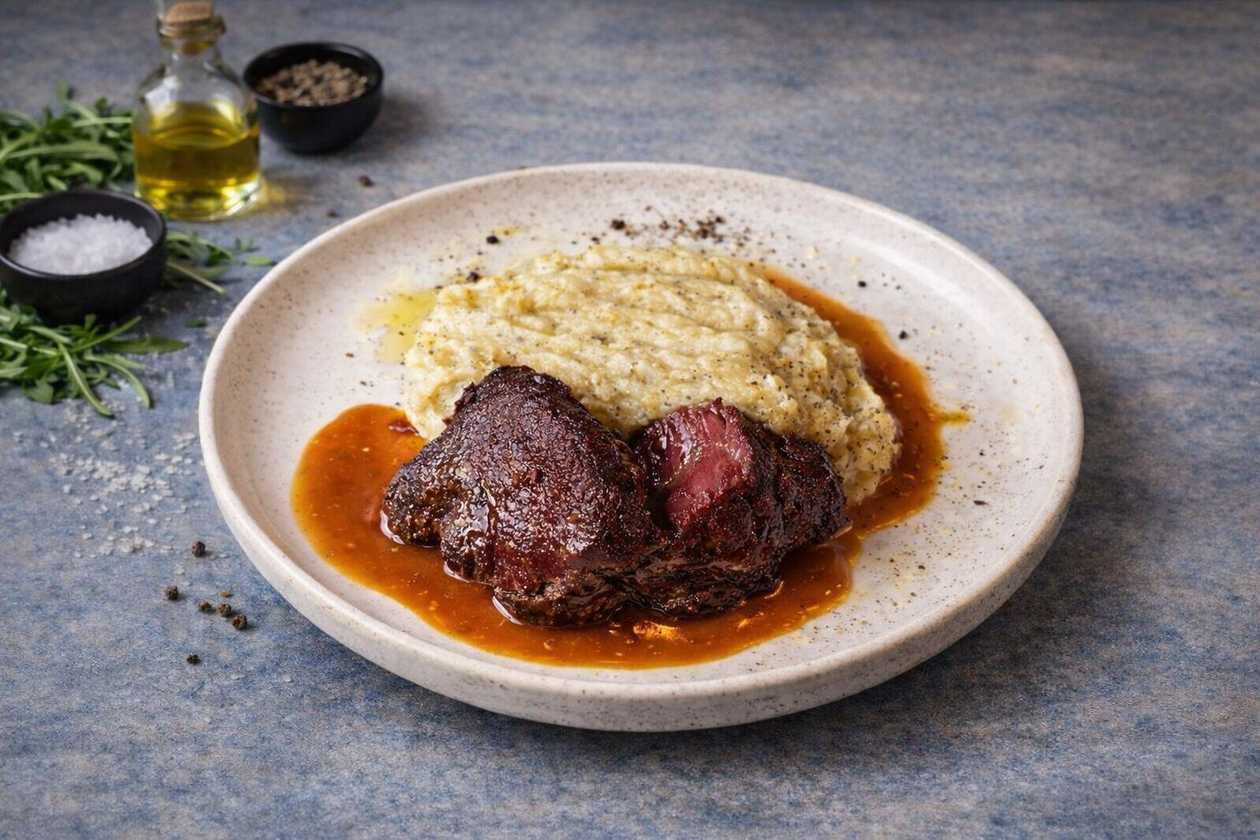 Beef Cheeks with Truffle Mashed Potatoes and Brown Sauce