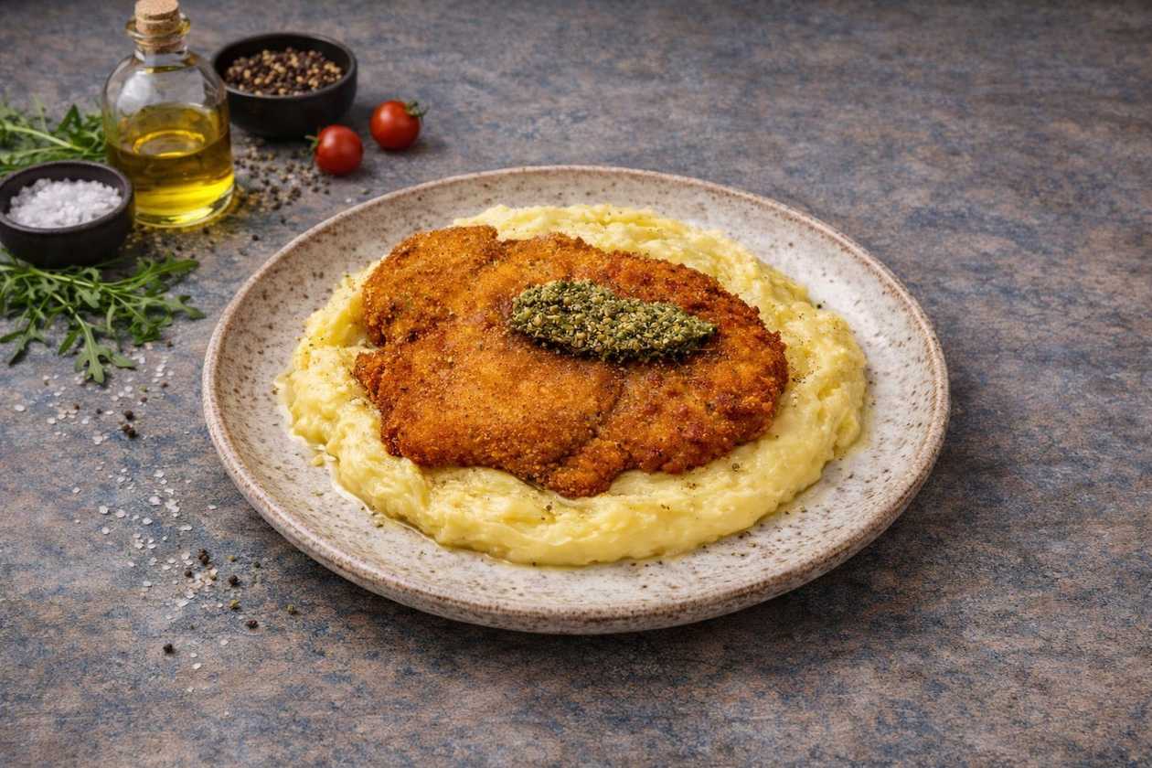 Chicken Schnitzel with Mashed Potatoes and Pesto Sauce