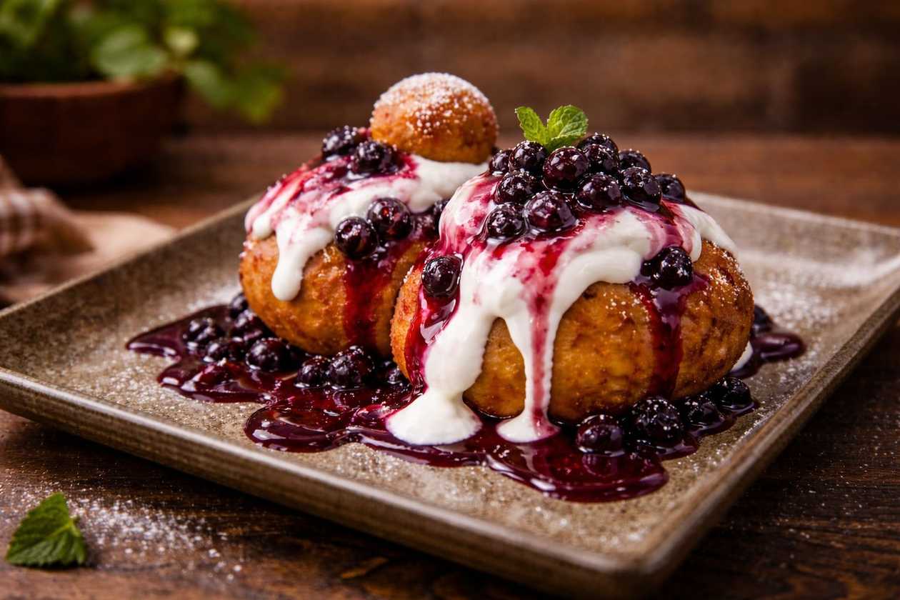 Romanian cheese doughnuts with sour cream and jam