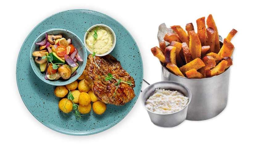 Kiaulienos sprandinės kepsnys + Kepinta duona su sūriu ir majonezu