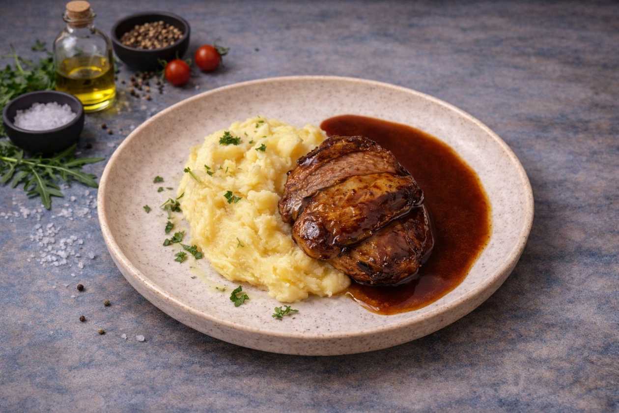 Pork Cheeks with Mashed Potatoes and House Soy-Orange Sauce
