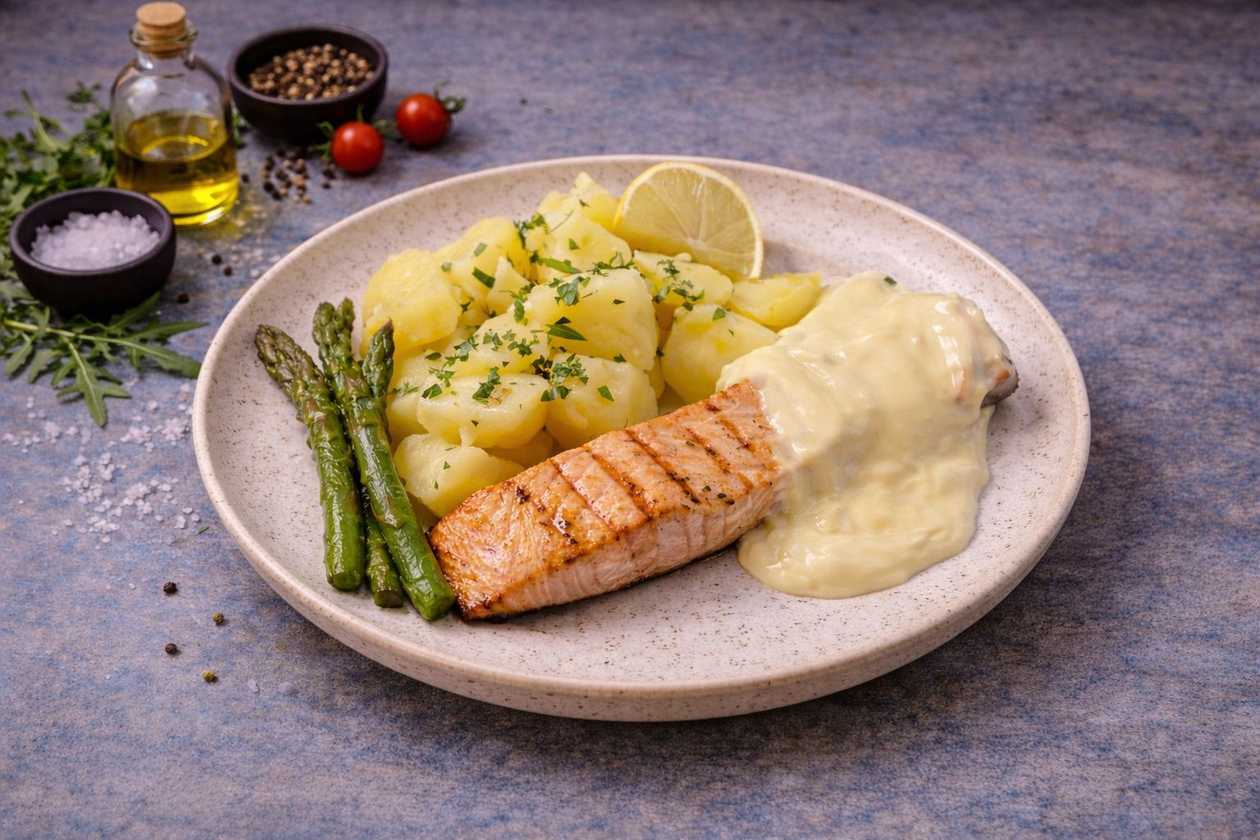 Oven-Baked Salmon with Potatoes and Lemon Butter Sauce