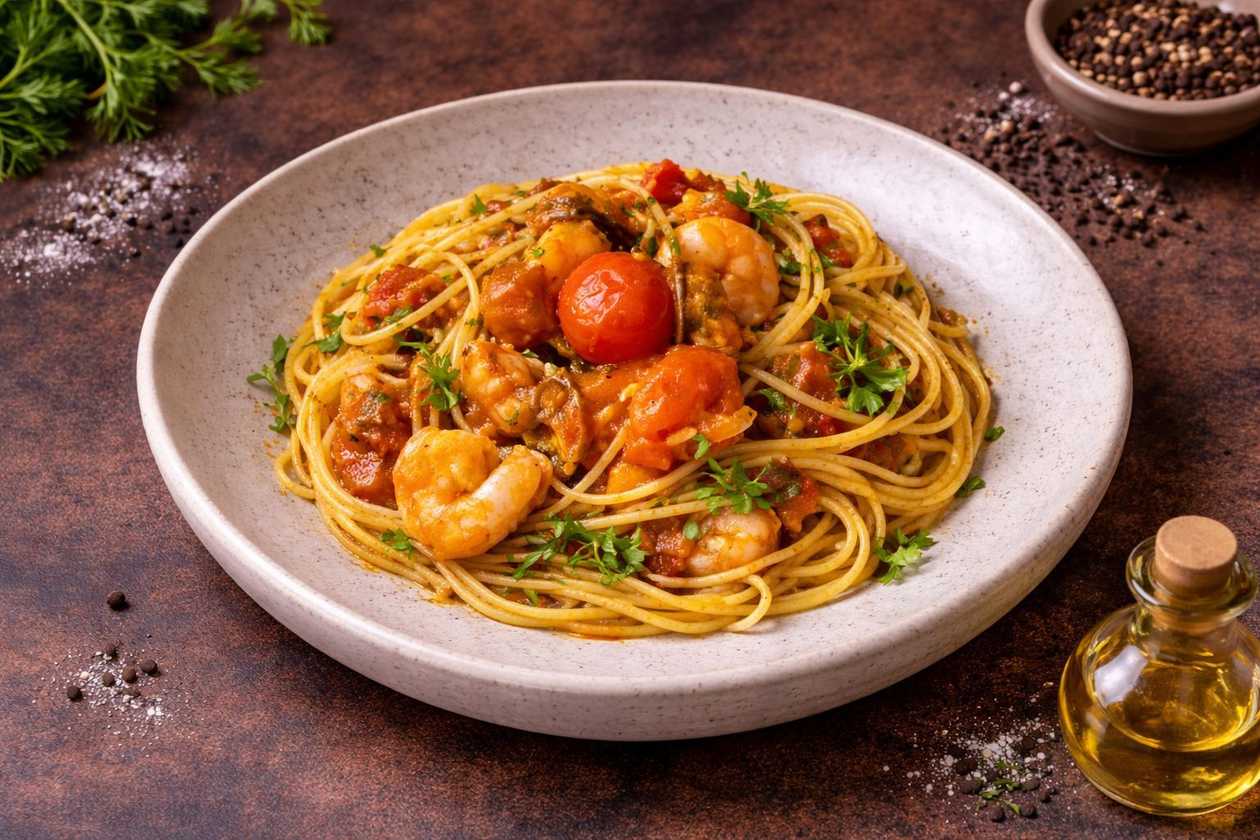 Spaghetti nero with seafood