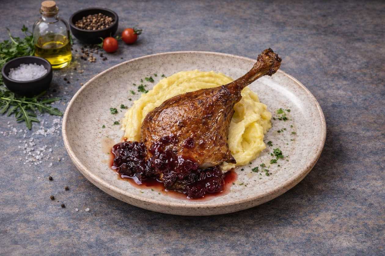 Duck Leg with Mashed Potatoes and Cherry Jam