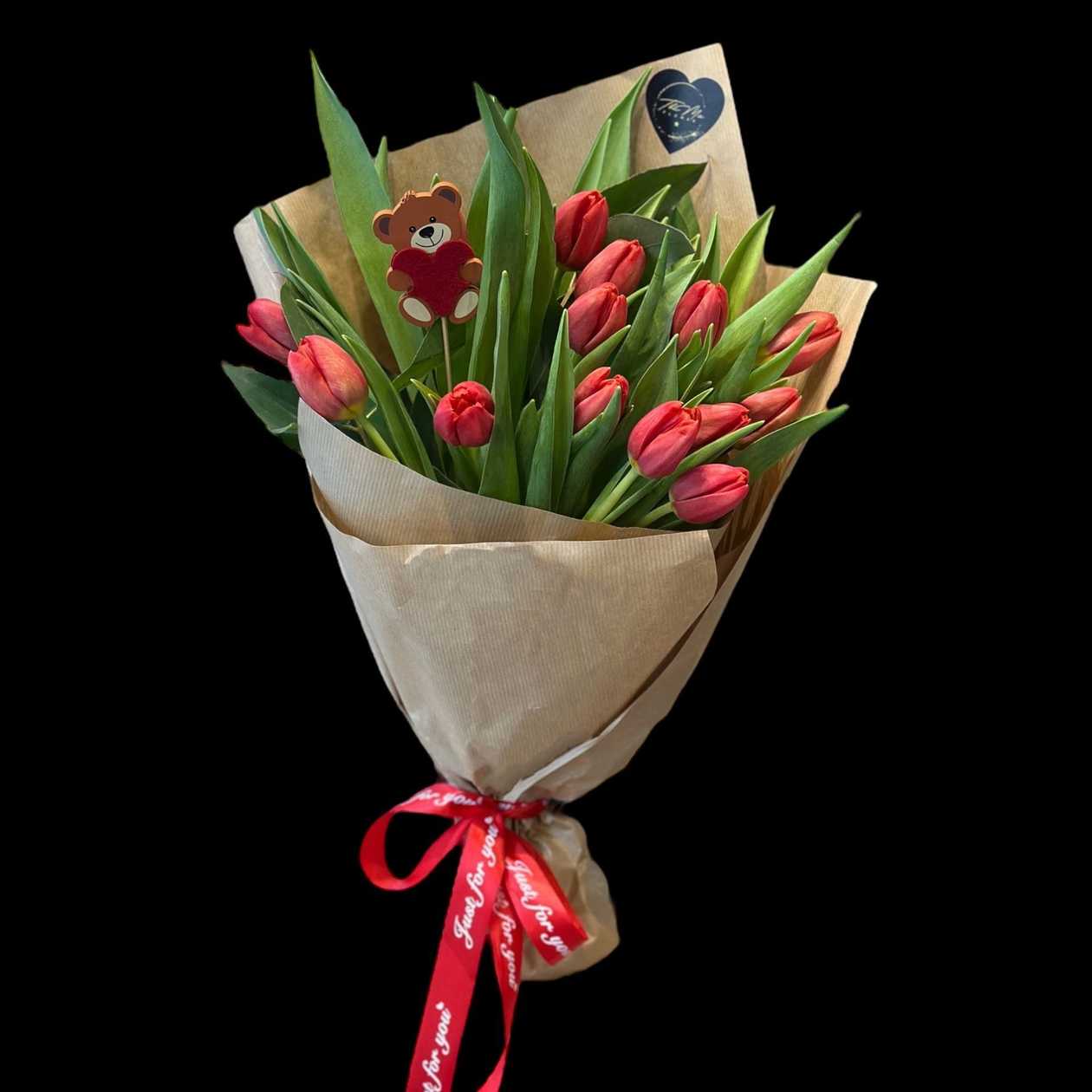 15 Red Tulips + Teddy Bear