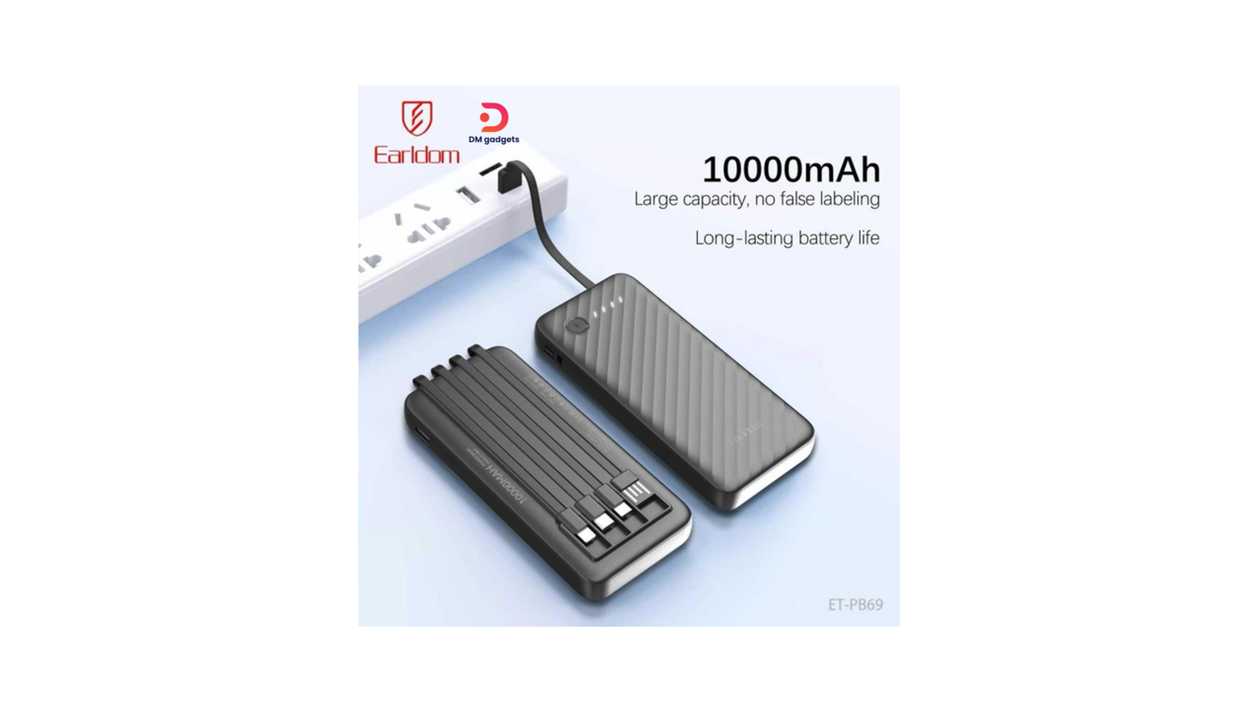 #588B1#Earldom®PB69 4-in-1 Universal Power Bank 10000mAh with Built-in 4 Cables – Black