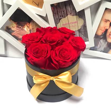 Red Preserved Roses in Black Gift Box, S