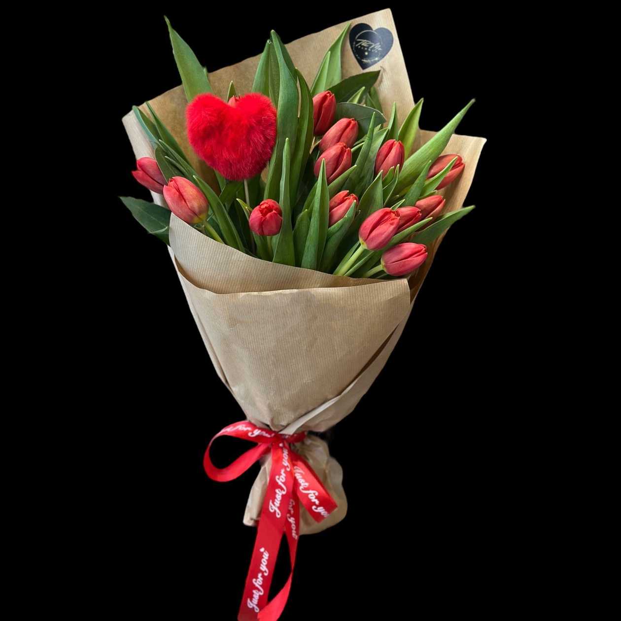 15 Red Tulips + Plush Heart