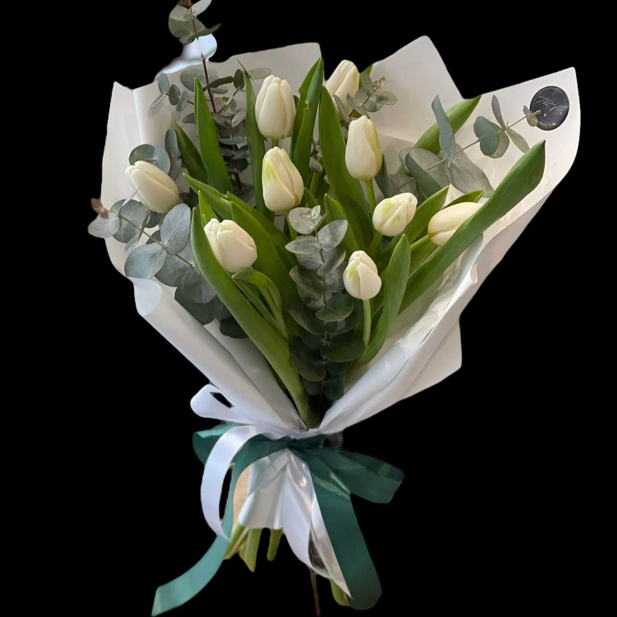 White Tulips with Eucalyptus