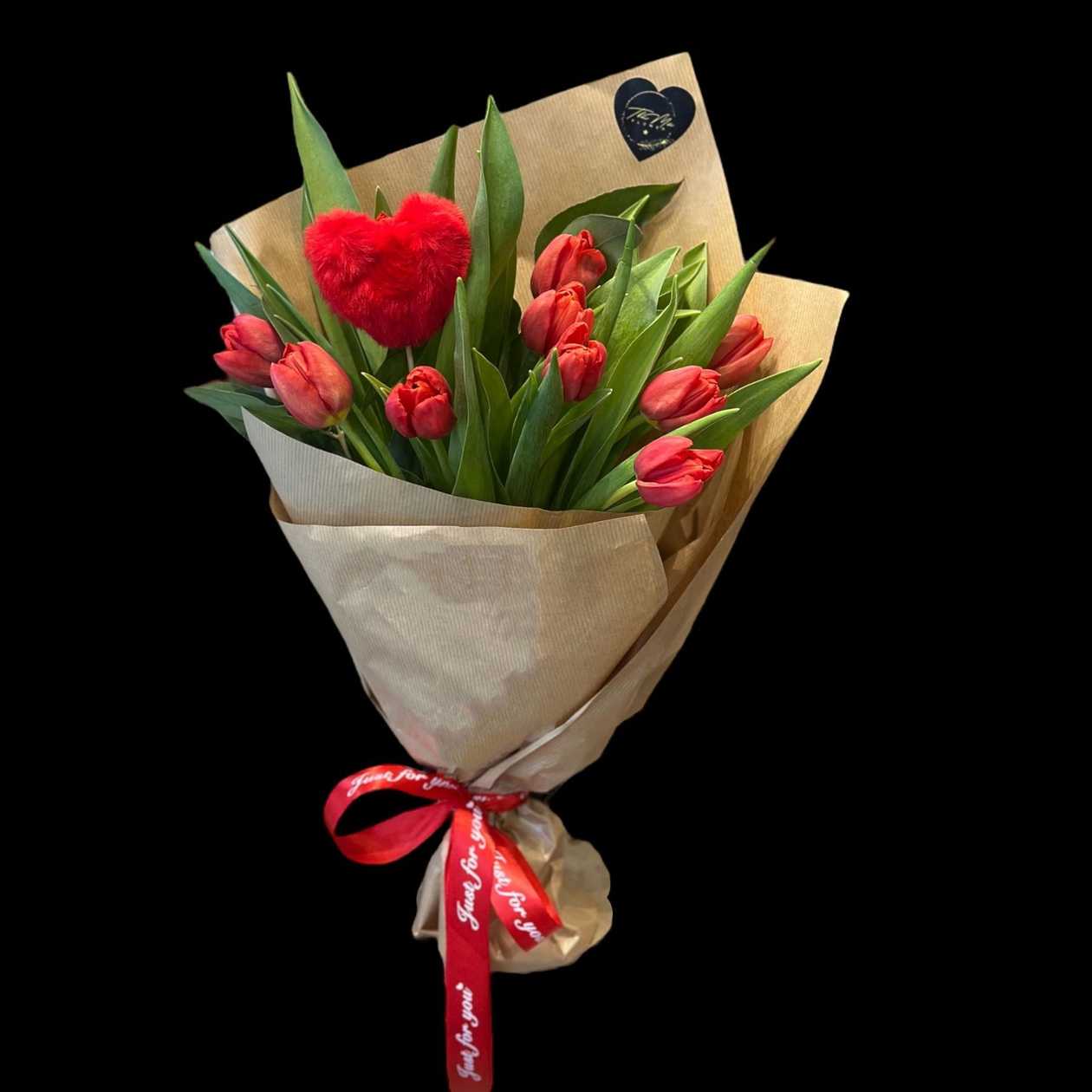 11 Red Tulips + Plush Heart