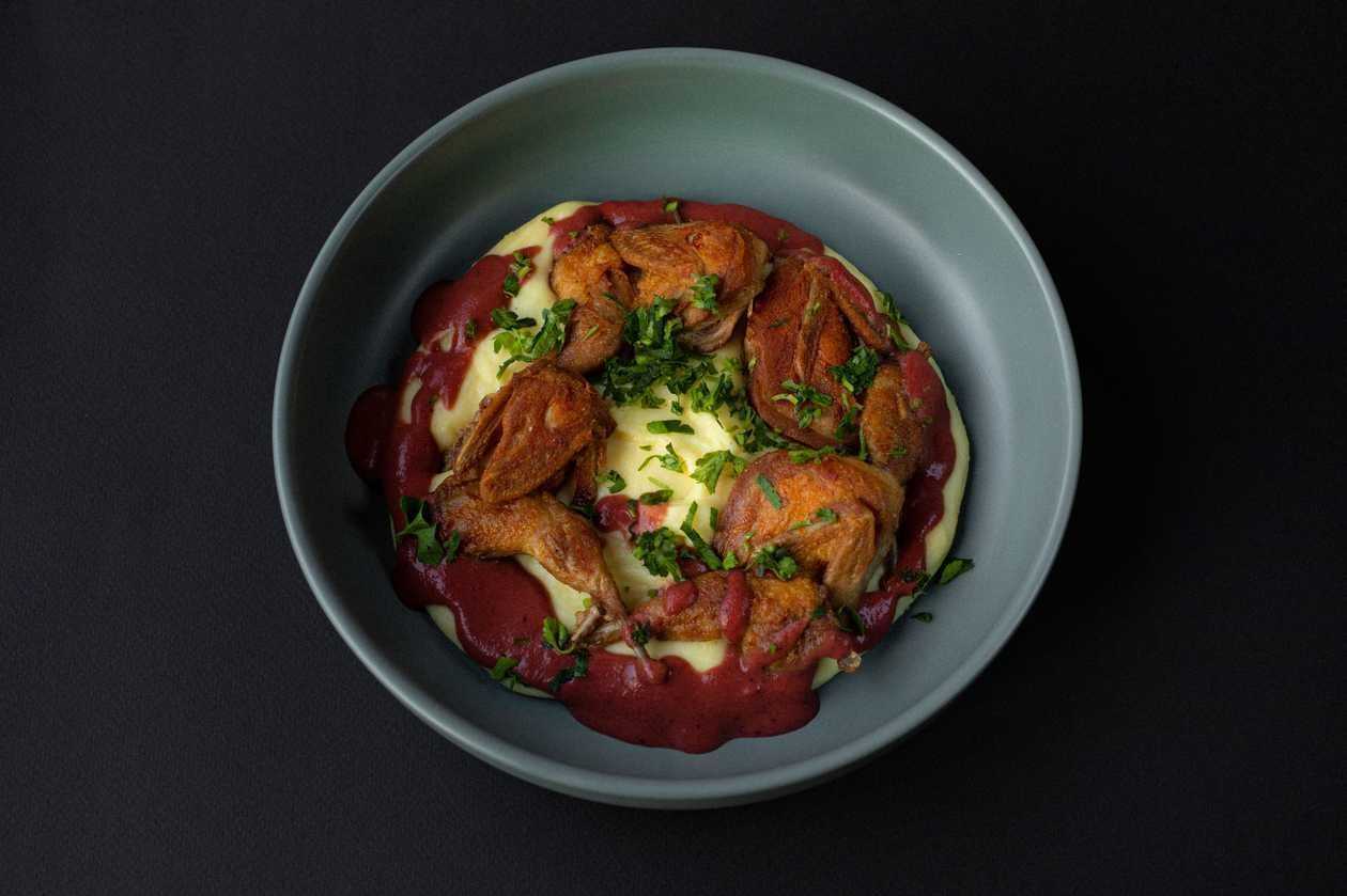 Fried Quail With Tashmijab And Berry Sauce