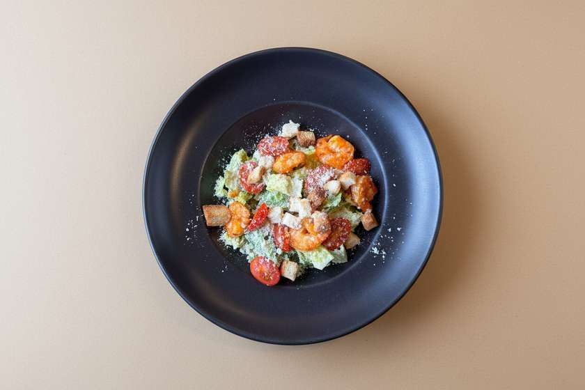 Caesar salad with tiger prawns