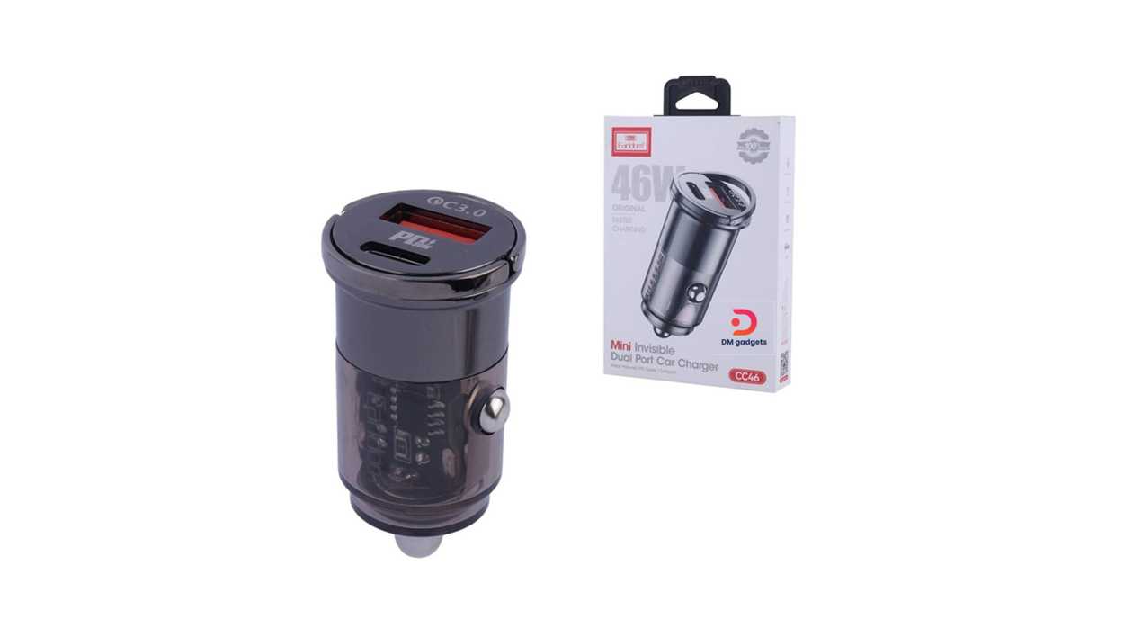 #338A1#Earldom®ES-CC46 46W Mini Invisible Dual Port Car Charger with USB-C PD and USB-A QC3.0 –Black