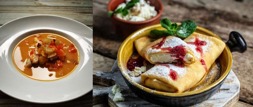 Lietiniai blyneliai su varške, trintomis braškėmis bei grietine + lI dienos sriuba