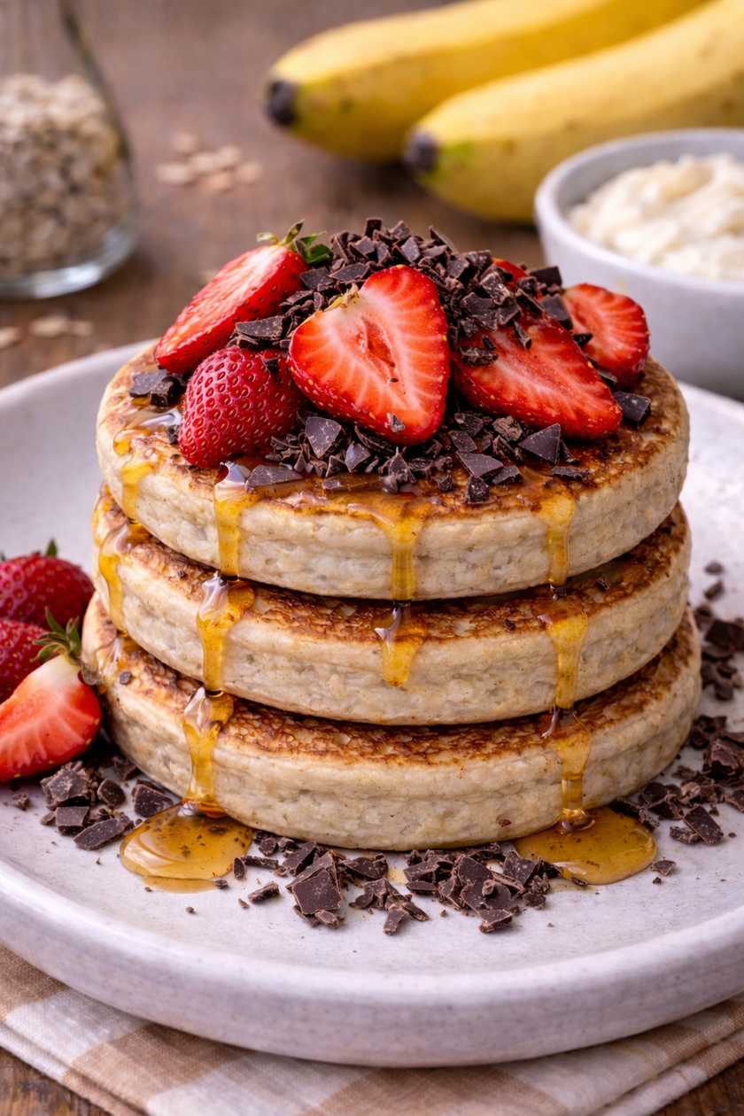 Panqueca de Banana, Proteína e Iogurte Grego com Morangos e Lascas de Chocolate Negro