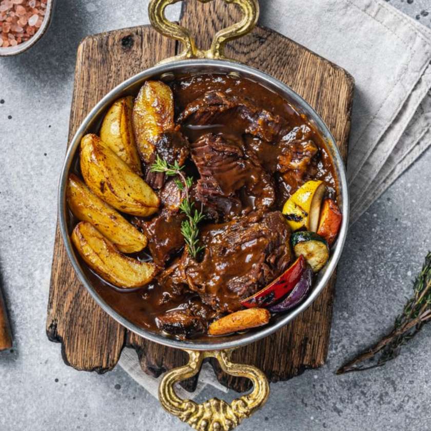 Jautienos žandai su “Demi-glace” padažu, bulvių skiltelėmis bei grilintomis daržovėmis