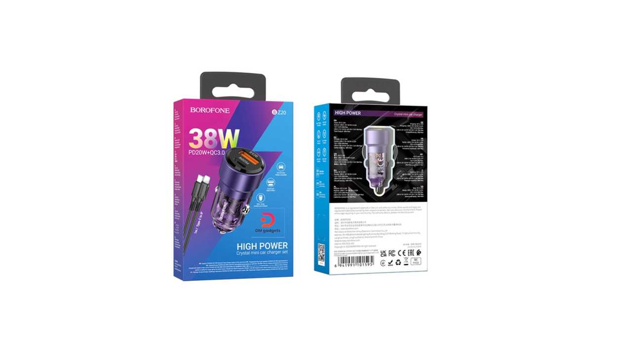 #88B#Borofone®BZ20 38W Smart QC3.0 + PD20W Dual Ports Car Charger+TypeC to 8 Pin Cable –Trans/Purple
