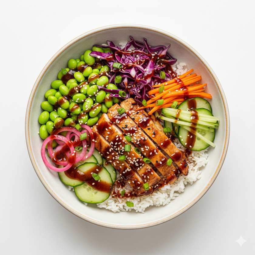 Teryiaky rice bowl so zeleninou a kuracím mäsom alebo tofu