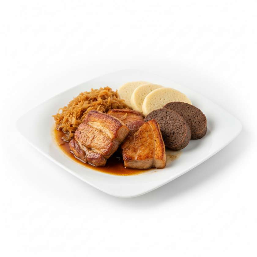 Pork pieces, steamed sauerkraut, variety of dumplings