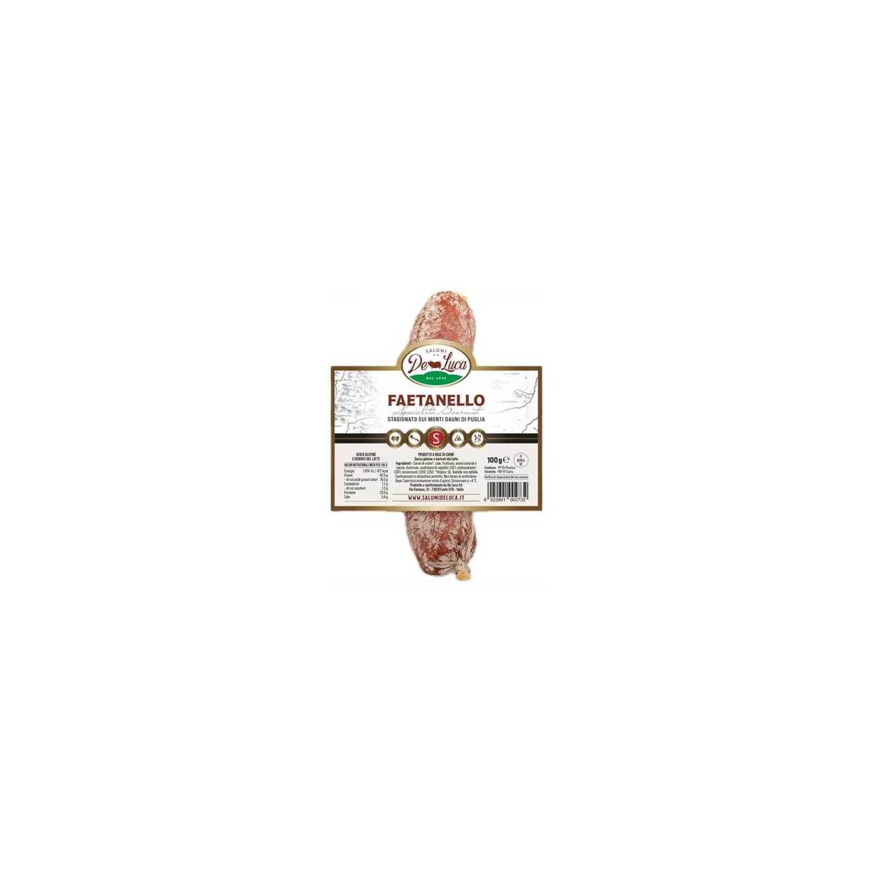 De Luca FAETANELLO Salami. AGED IN THE DAUNI MOUNTAINS OF THE APULIA REGION. MEAT PRODUCT, gluten-free