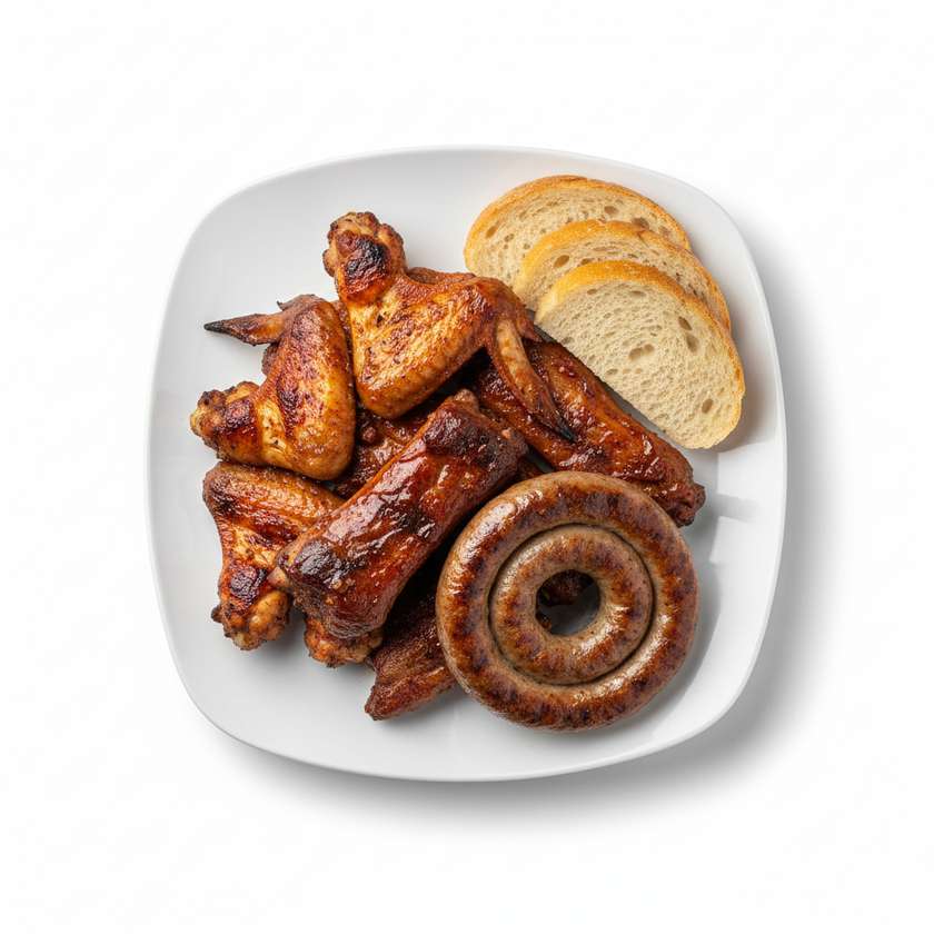 Mlyn's grilled bowl, baked chicken wings, ribs, baked sausage, bread