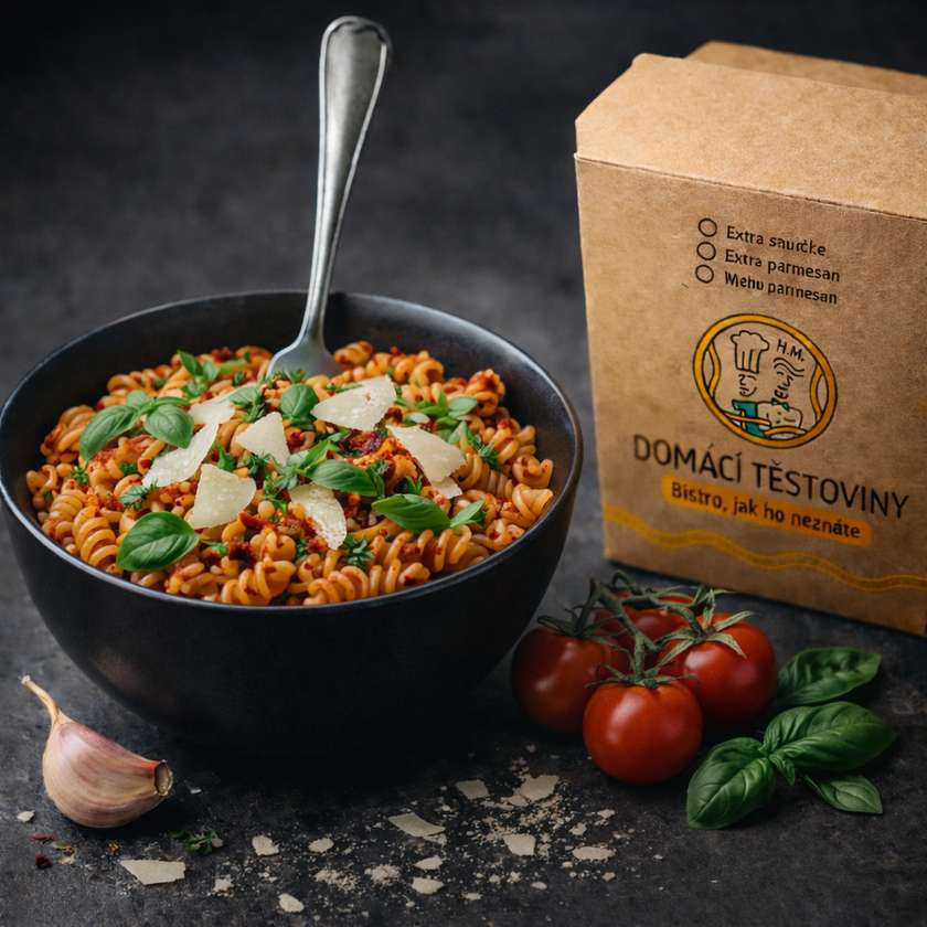 Čerstvé těstoviny s tomatovou omáčkou, čerstvou bazalkou a parmazánem